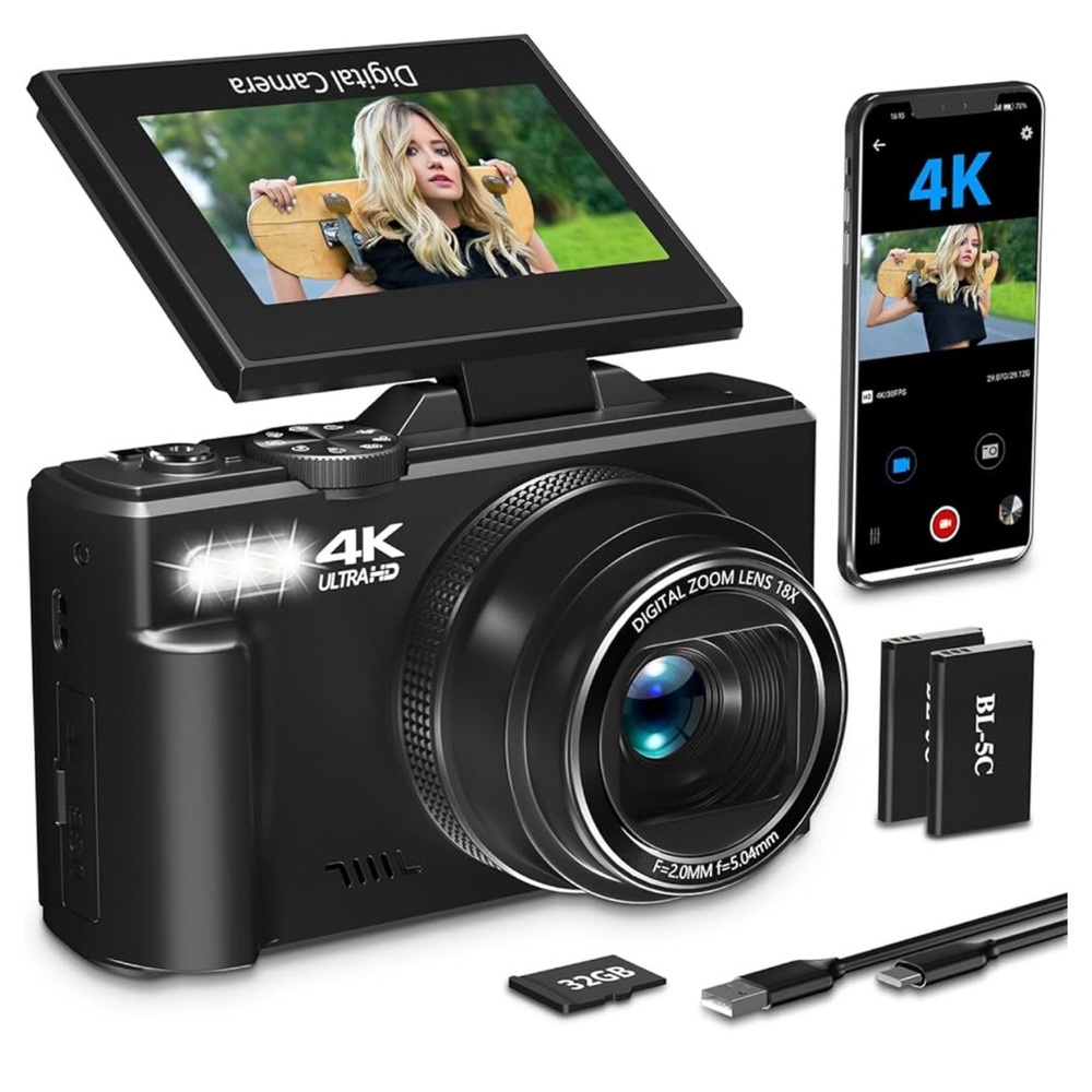 4K Ultra HD Digital Camera with Flip Screen - Black